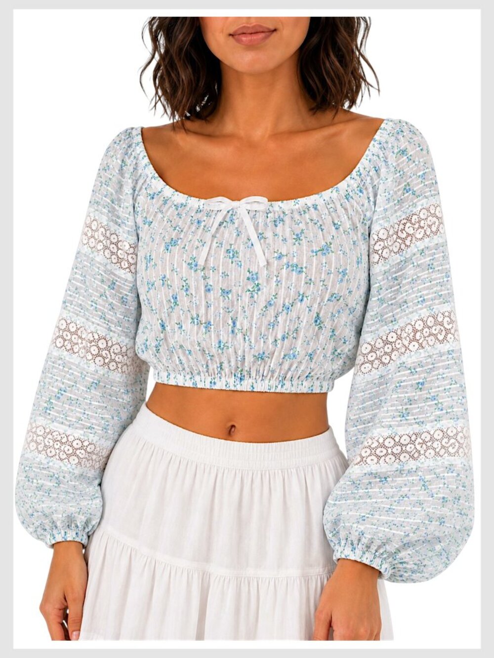 LoveShackFancy Albertina Crop Top Blue Multi Floral Balloon Sleeve M